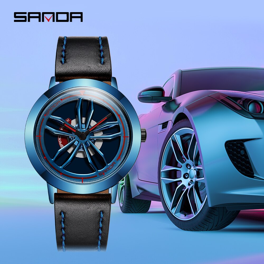 Rotating Wheel Dial Men Watches Car Rim Sports Quartz Watches Waterproof Leather Band Watches Relogio Masculino