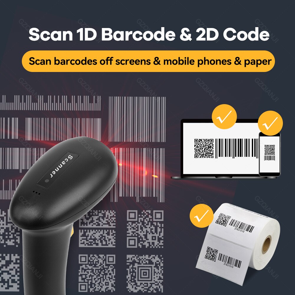 2D Handheld Wireless Barcode Scanner 2.4G 1D/2D QR Bar Code Reader PDF417 for Mobile IOS Android IPAD