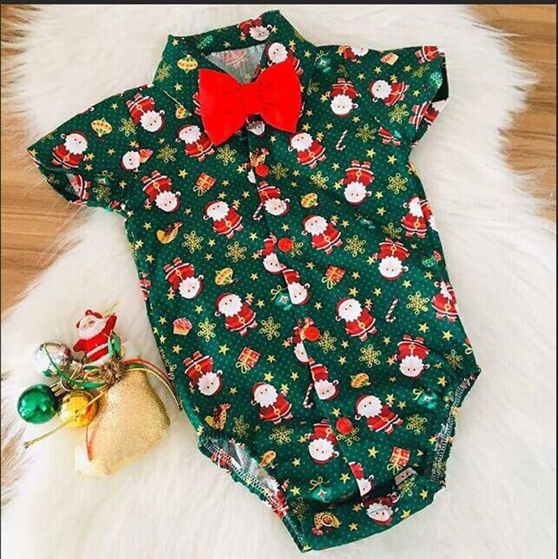Wallarenear babyjongen kerstkleding bedrukt korte normale mouwen omslagkraag bedekte knoop stijlvolle bodysuit
