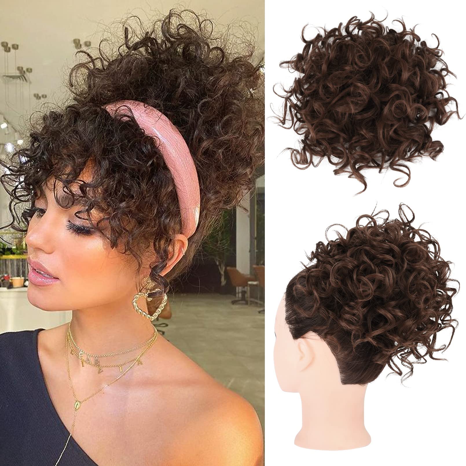 Coque de cabelo bagunçado, peça de cabelo com cordão elástico, onda solta, grande coque encaracolado, 60 gramas, extensão de rabo de cavalo sintético curto para mulheres: 4/27HL