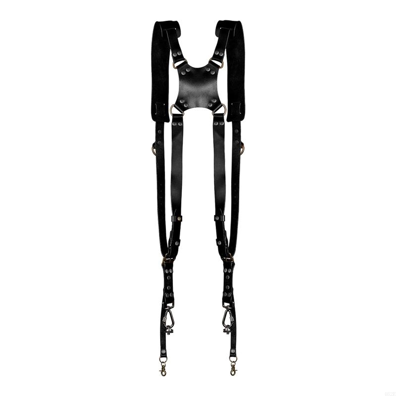 Correa para cámara, accesorios fotografía para cámaras, arnés cuero con doble hombro, remaches cuero, tirantes para cámara: Negro