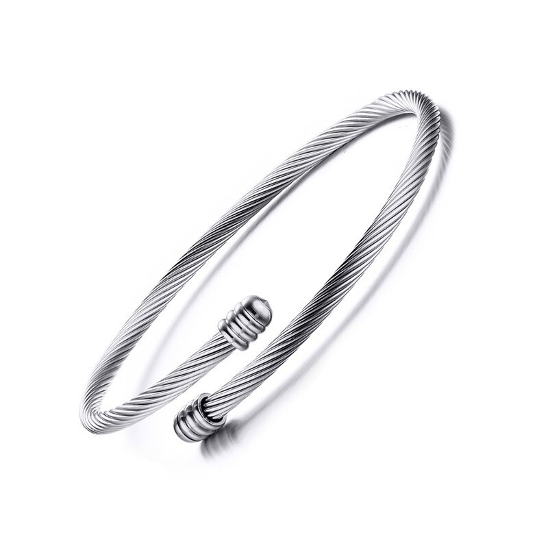 Masculino pulseira masculino jóias torção cabo aberto pulseira de aço metal ajustável manguito pulseira unisex: SILVER