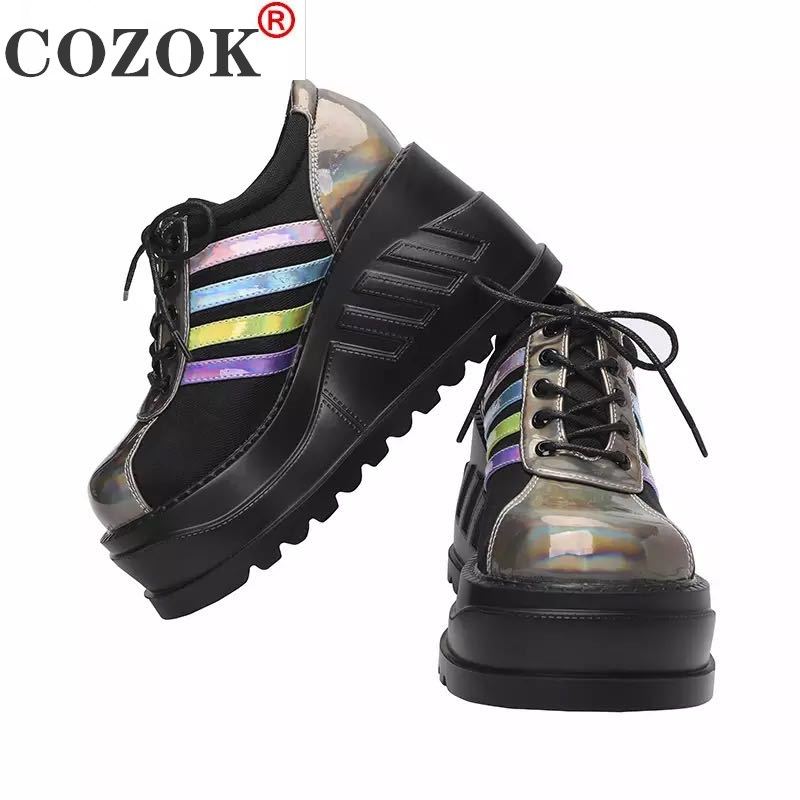 Botines de Mujer Punk clásicos góticos, gruesas Botas negras a la , zapatos de plataforma de cuña Para Mujer