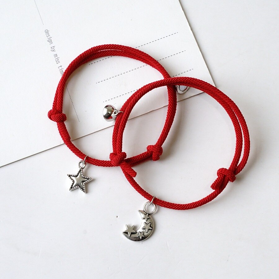2 pçs estrela lua magnética casal pulseira conjunto para homens mulheres na moda artesanal corda corrente amizade pulseira ajustável jóias: C-A
