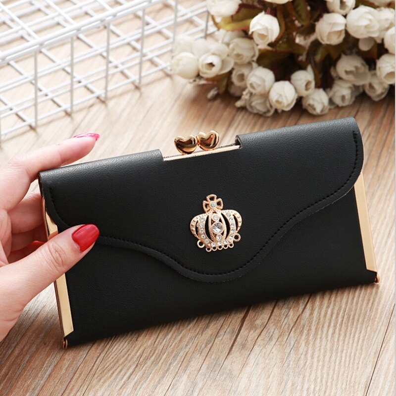 Cartera de mano de piel sintética con corona para mujer, cartera larga, tarjetero, bolso de mano: Negro