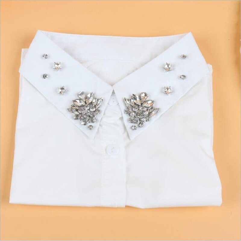 Women Rhinestone Collar White Cotton Crystal Beading Collars Bib Detachable Shirt Collars for woman's sweater girls: white