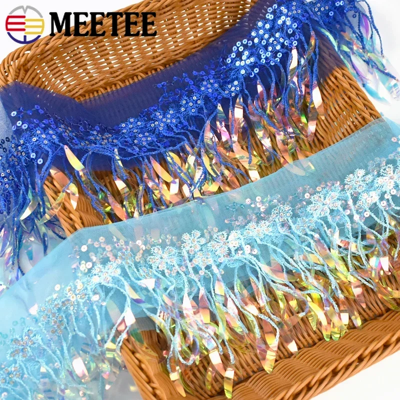 Meetee-flecos de lentejuelas de 15cm, adornos de encaje de malla para coser vestido latino, ropa de boda, recorte de flecos decorativos, 2-10 yardas