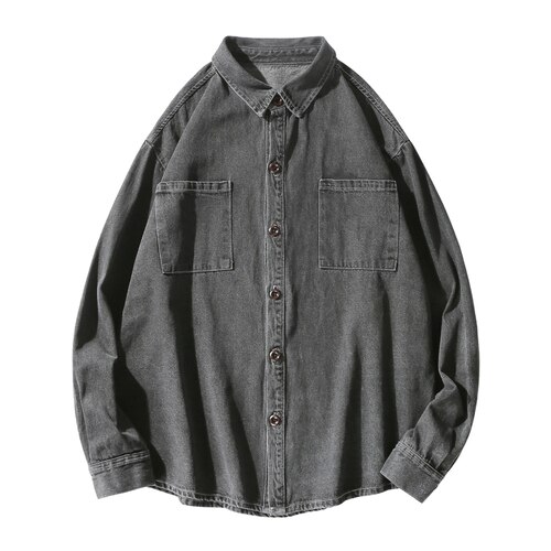 Denim shirt herre retro hong kong stil skjorte langærmet forår og efterår tøj tommer skjorte løs jakke top: Mørkegrå / Xxl