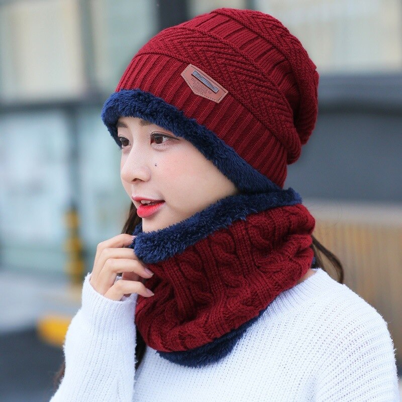 Conjunto de gorros de lana de Coral para hombre, bufanda cálida y transpirable, gorro de punto de lana con letras, gorro de doble capa, para invierno, Uds.: woman red