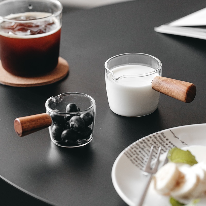 Cute Glass Milk Jug Mini Wooden Handle for Coffee Bread Milk Jug Steak Sauce Bucket Honey Cup Seasoning Small Dish