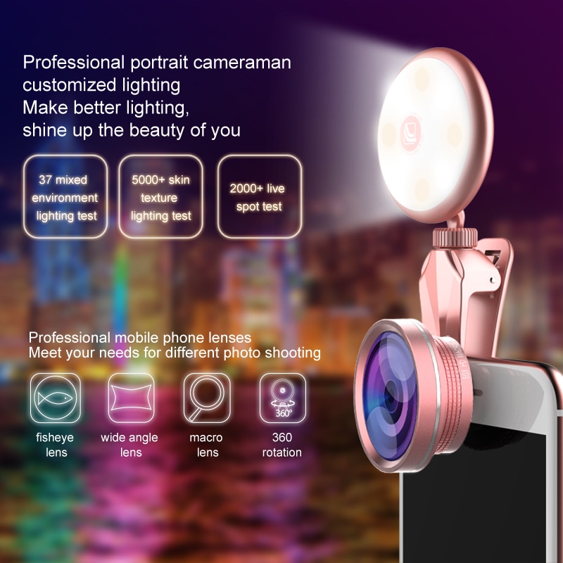 RK19S LED Selfie Flash Licht Vullen Licht Warm &amp; Koud Lampen Met Brede Hoeken Fisheye Marcro Lens 360 Rotatie Voor iPhone Huawei Vivo