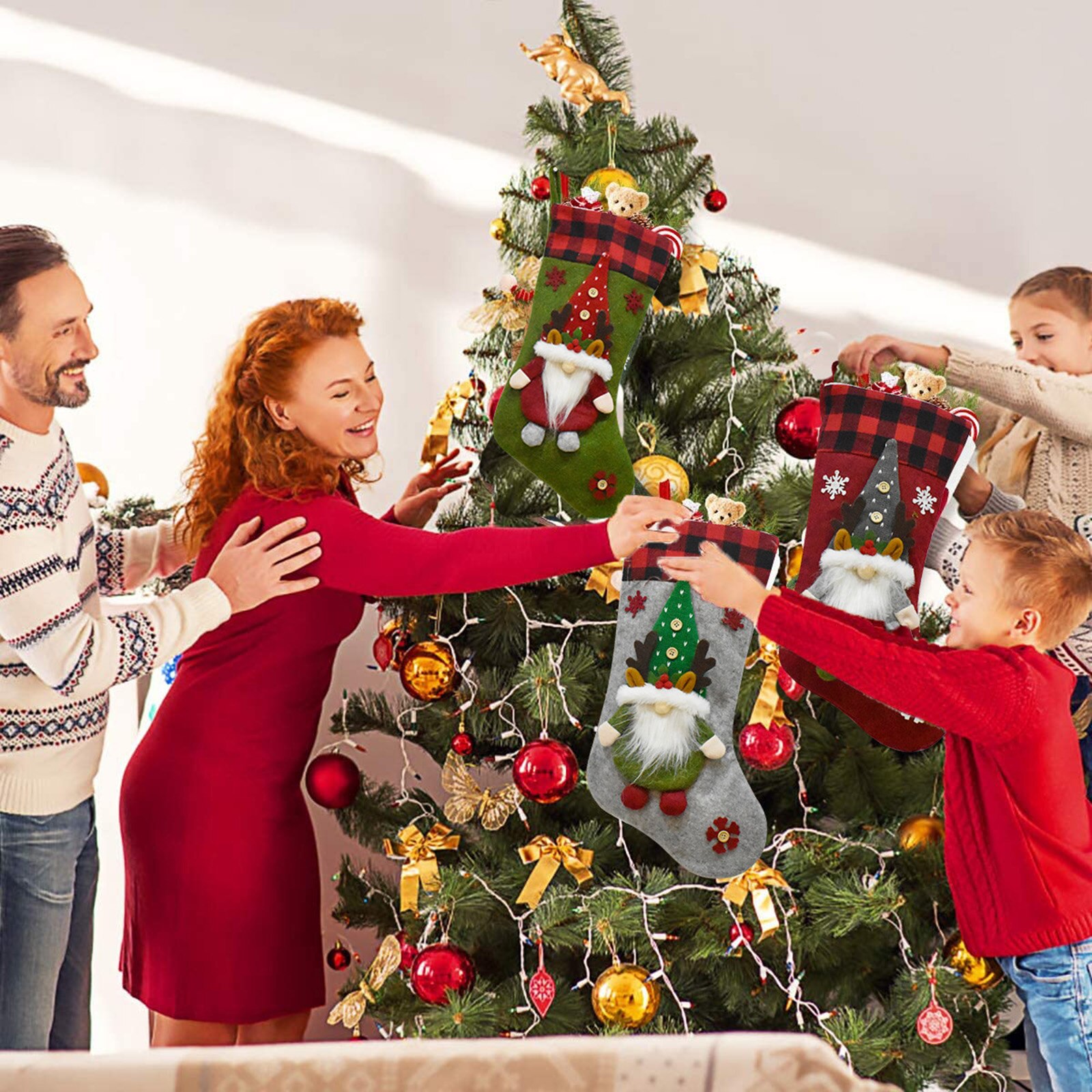 Kerst Kousen, 3D Pluche Santa Gnome Haard Opknoping Kousen Met Plaid Manchetten