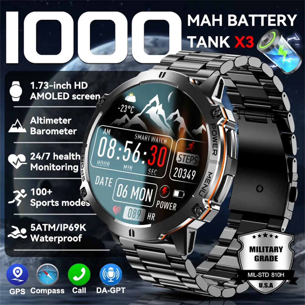 2025 novos homens gps esportes relógio inteligente 1.73 ''amoled bússola freqüência cardíaca 1000mah bateria bluetooth chamada 10atm à prova dwaterproof água smartwatch