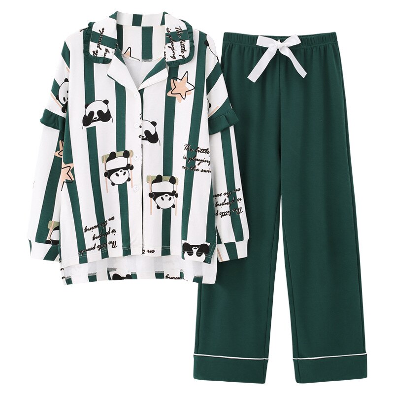 M-xxl kvinder pyjamas sæt sød panda tegneserie nattøj langærmet pyjamas løs pyjamas til kvinder efterår bomuld hjemmetøj plus str.: A33208 / Xxl