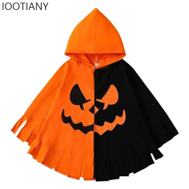 Costume da gioco di ruolo con stampa pipistrello zucca di Halloween Festa di carnevale per bambini Mantello con cappuccio abbinato ai colori arancione e nero Regalo