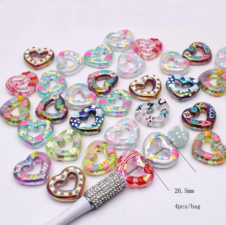 4/10pcs/bag Acrylic Beads Heart Star Flower Beads Color Painting Loose Spacer Beads for Jewelry Making DIY Phone Chain Bead Pen: Pink