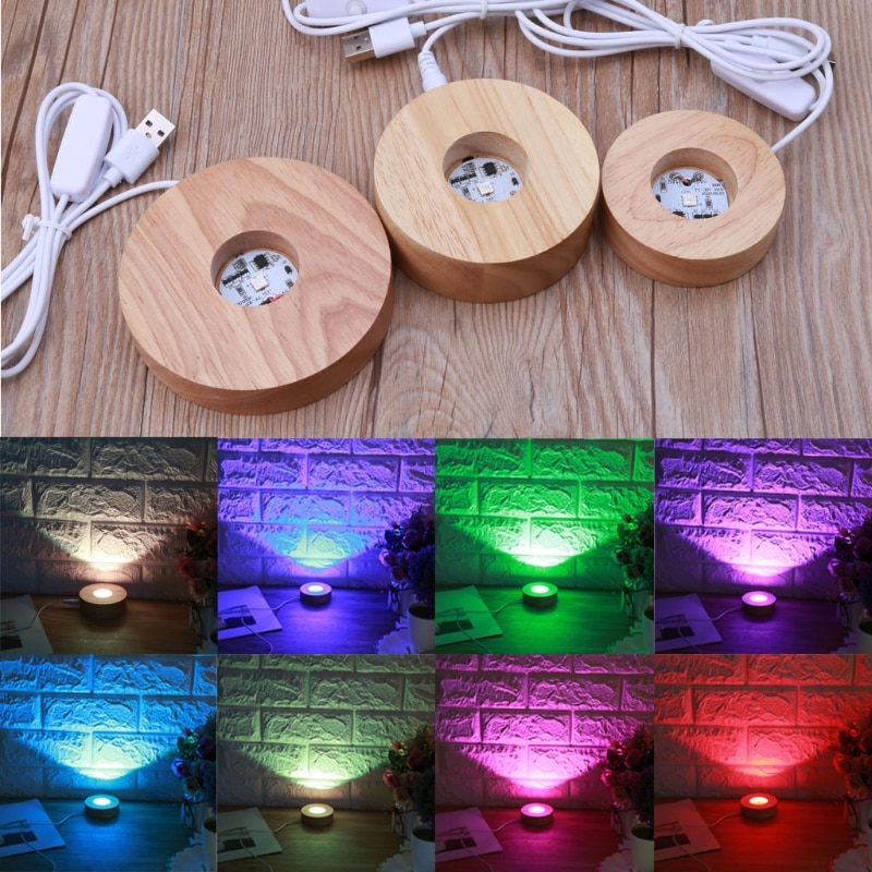 Handmade Resin Art Wood Round LED Display Base Colorful Light Wooden Night Base Resin Display Ornament Stand DIY Crafts