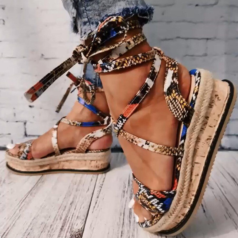 Sommer kvinder slange sandaler platform hæle tværbånd ankelblonder kigge tå strand fest damesko zapatos de mujer