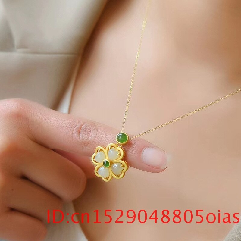 Naturale Hetian Giada Trifoglio Ciondolo Collana In Argento 925 Regali per Calcedonio Donne Amuleto Gioelleria Raffinata E Alla Moda