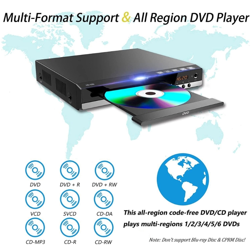 Dvd-spelare för tv med hdmi-kompatibel av-utgång, svcd-spelare för hemmabruk, regionsfri cd-rw-spelare för hemmastereo