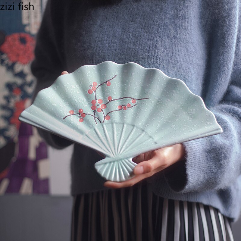 Plat à Sushi en céramique blanc/noir/vert | Vaisselle japonaise en forme d'éventail, assiette Snack créative en éventail
