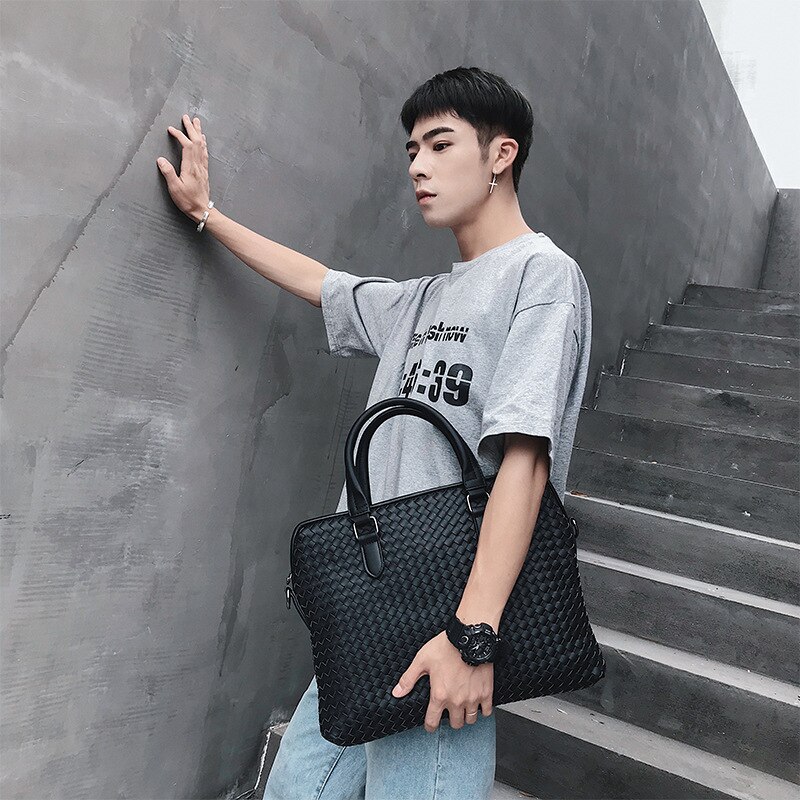 Brand Men's Handbag Leather Handmade Woven Breifcases Large Capacity Laptop Shoulder Bags for Men A4 Documents Tote Man