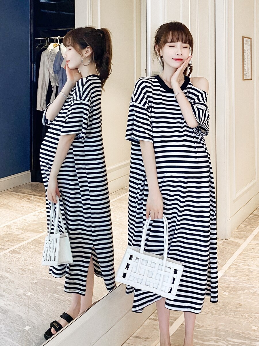 001# Summer Casual Striped Maternity Long Dress Large Size Loose Nursing Clothes for Pregnant Women Chic Shoulder Off Pregnancy