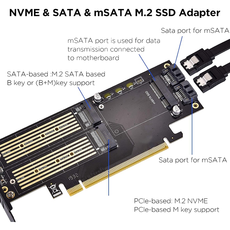 3 in 1 M.2 and MSATA SSD Adapter Card SSD to PCIE Adapter, MSATA to SATA Adapter with Aluminum Heat Sink for Windows OS