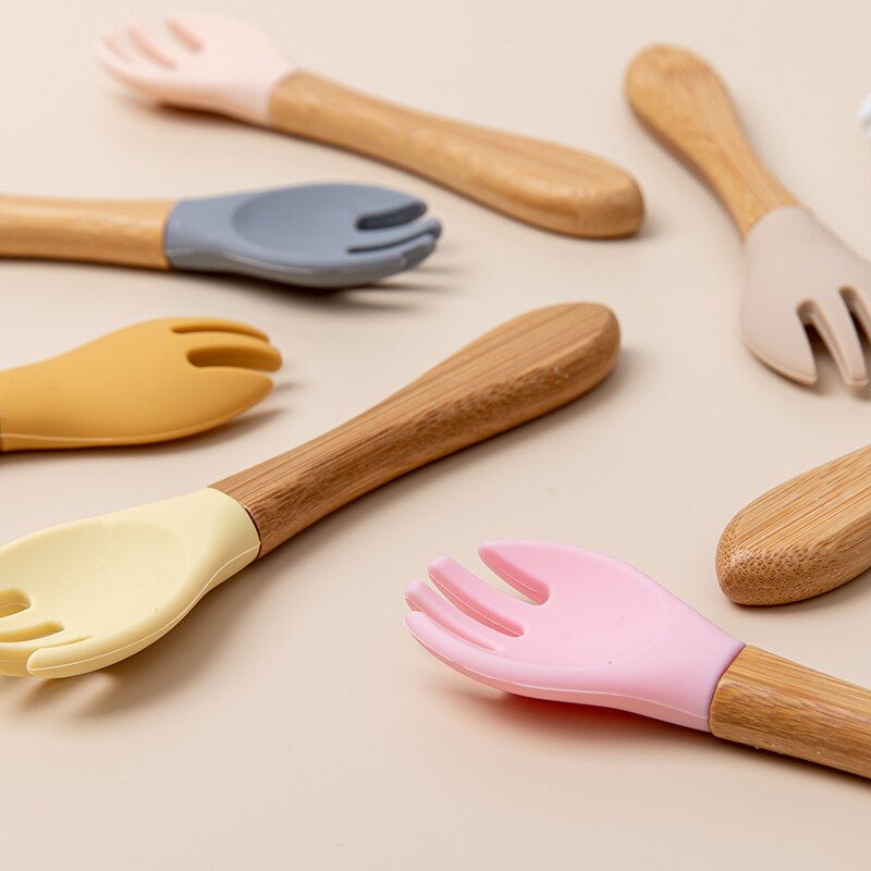 1pc Holz Silikon Baby Löffel Gabel Sicherheit Fütterung Geschirr Umwelt freundliche Kleinkind Baby Fütterung Zubehör Utensilien