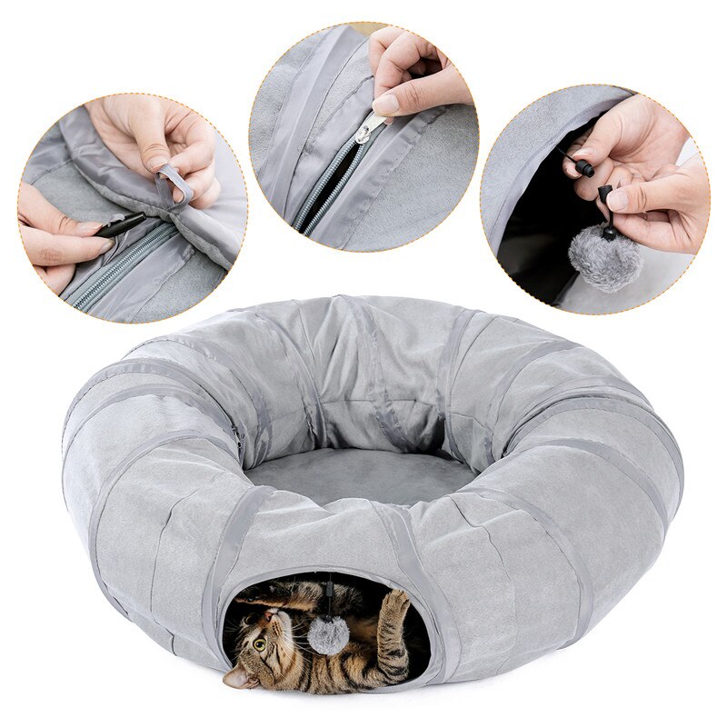 Gray Cat Toy Foldable Crossing Tunnel long Nest Cat Bed Environmentally Educational Pet Toy Round Suede Breathable Cat Bed