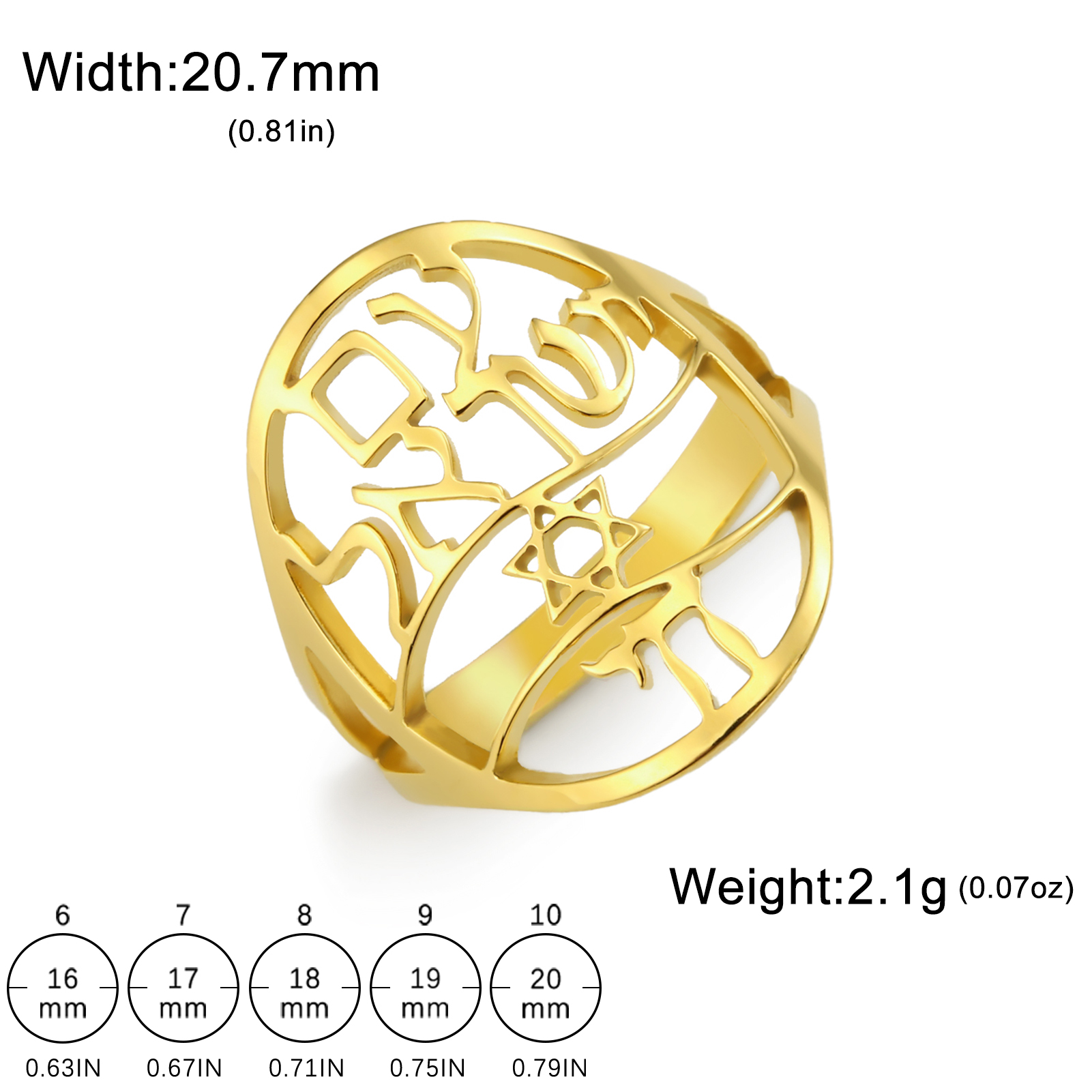 Sipuris Jewish Chai Symbol of Life Rings for Women Men Hebrew Star of David Ring Hashanah Stainless Steel Jewelry: 6 / Gold