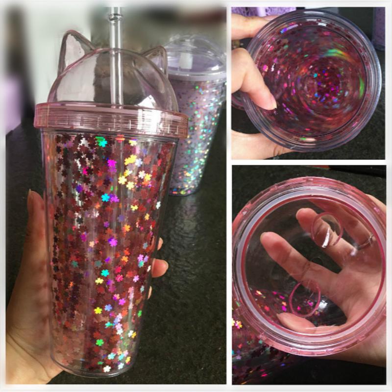 Tasse en plastique Transparent avec oreille de chat, Double couche, 473ml/16oz, tasse d&#39;eau, tasse de paille, tasse à café, gobelet avec paille