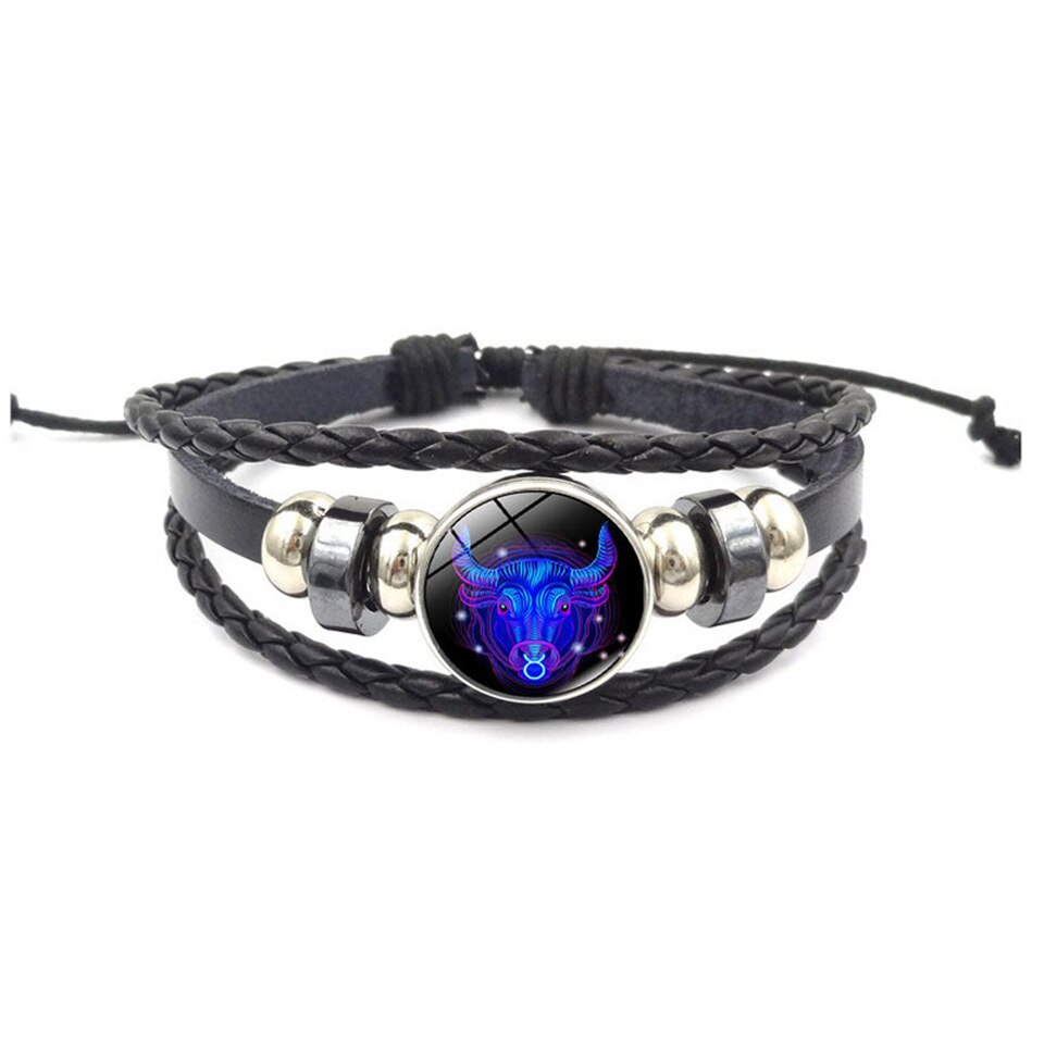 Horóscopo astrología 12 Zodiaco tejido luminoso cuero de vaca cielo estrellado pulsera hombres mujeres Acero inoxidable pulsera joyería