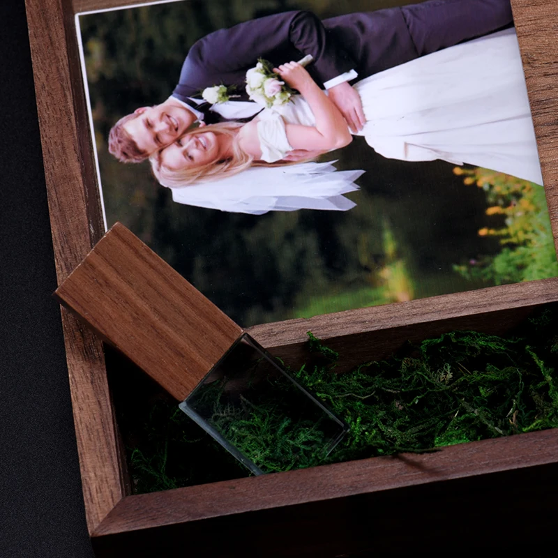 JASTER USB 3.0 Flash Drive Crystal walnut wood box Pen Drive Free custom logo Memory Stick Photography Wedding Pendrive 64G