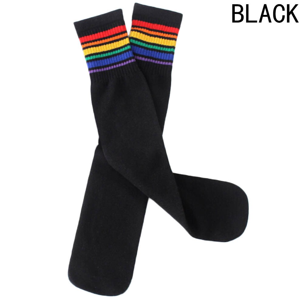 Girl Boy Rainbow Striped Sports Socks Knee-High Long Sock Football Running Socks For Kids: BK / 42CM