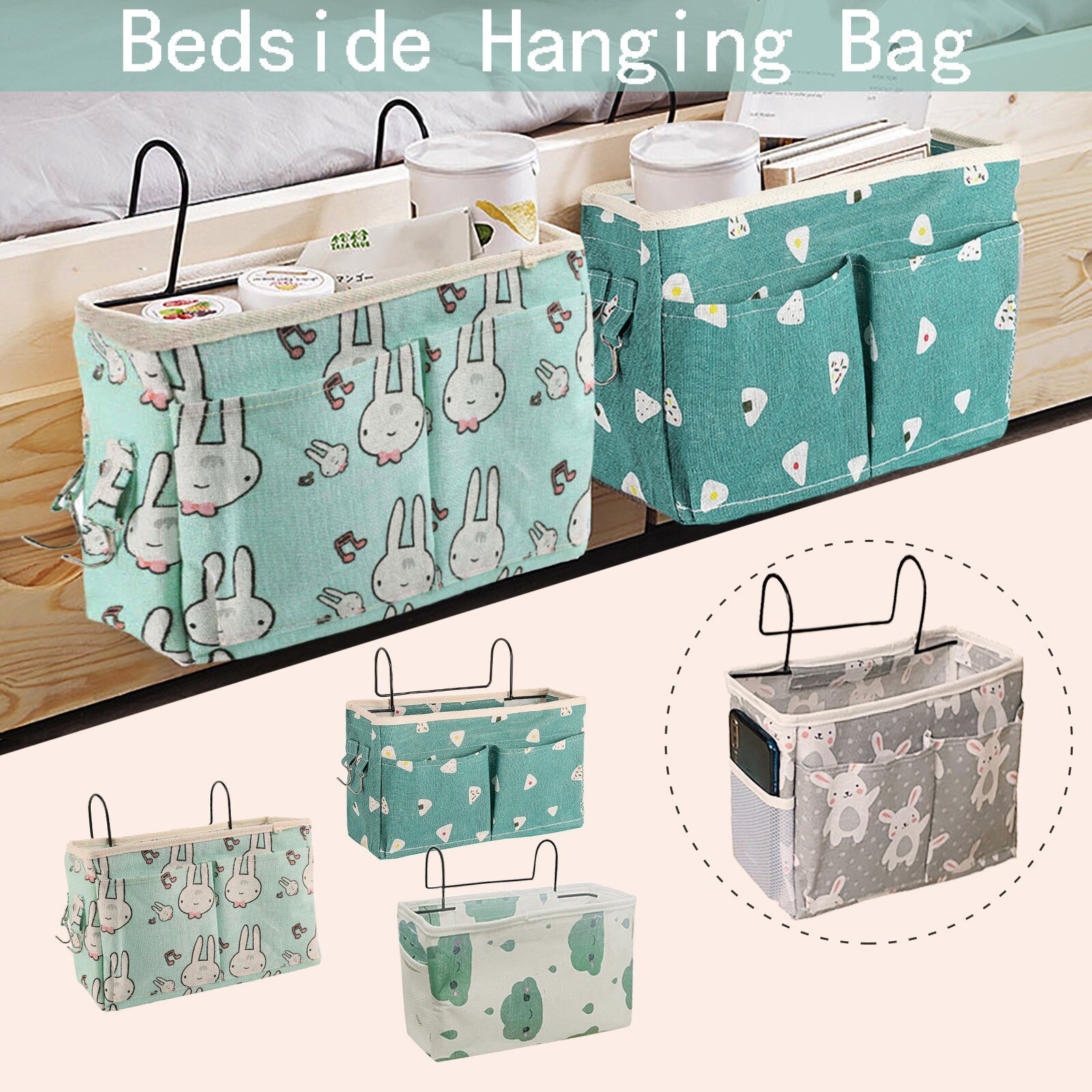 Bed Organizer Couch Hanging Bag Bedside Hanging Bag with Iron hook Fabric Bedside Storage Bag Pockets Gadget Storage Holder Book