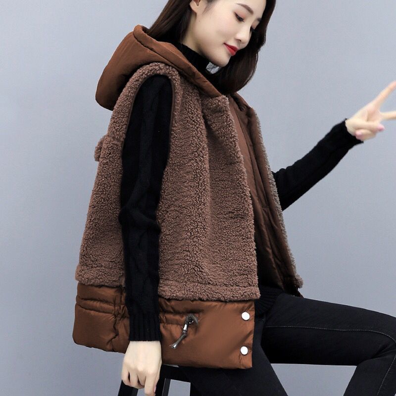 Dames lmitation lamswollen vest winter warm plus size 3xl mouwloos jasje dikke capuchon rits vest gilet dames: Als afbeelding / Xl