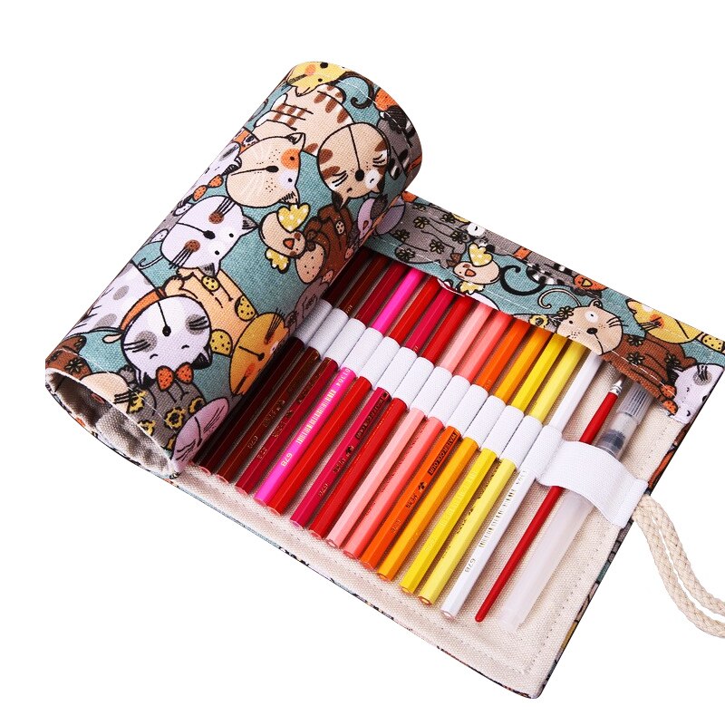 Kawaii Cat Roll Pencil Case Canvas 36/48/72/108 Holes School Pencilcase Penalty for Boys Girl Pen Bag Case Stationery Pouch