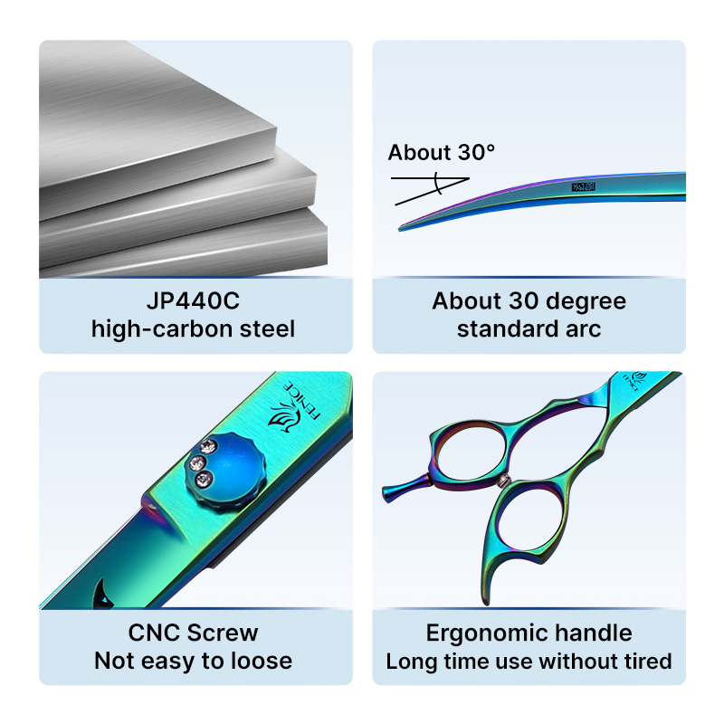 Fenice 7.0/7.5 inch JP440C Green Pet Grooming Scissors Shears Cutting&Curved&Thinner Set Kit for Dog Trimming Tools