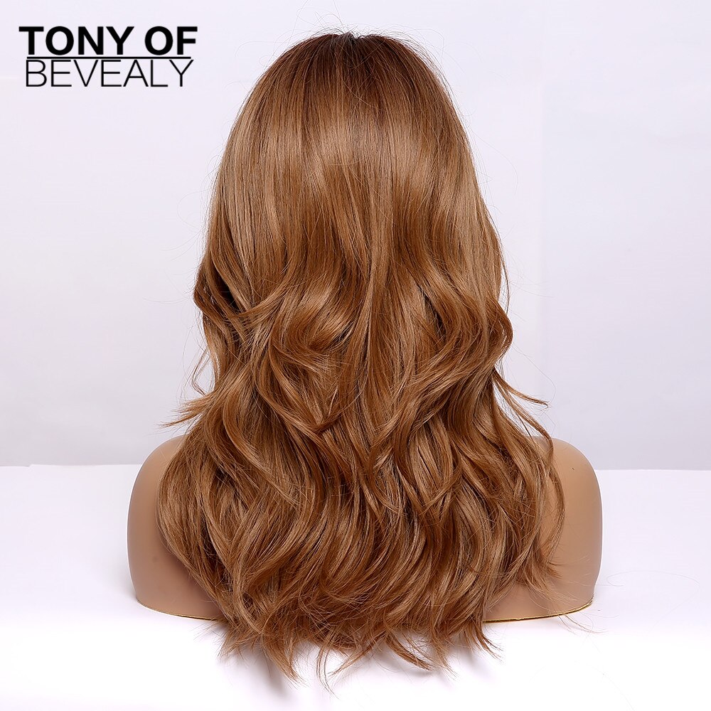 Medium Length Synthetic Wigs for Women Brown Wavy Natural Hair Wigs With Bangs Cute Cosplay Party Wigs Heat Resistant Fiber