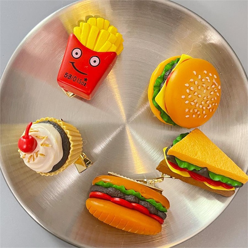 1 pçs bonito engraçado simulação comida hambúrguer clipe dos desenhos animados para crianças batatas fritas bolo grampo de cabelo menina presente aniversário festa decoração