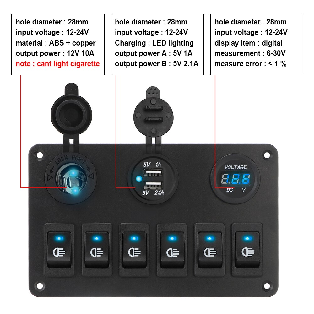 Dc 12v/24v 6/2 gangs vippekontakt panel vandtæt dobbelt usb porte led digital voltmeter afbryder tænd/sluk lys bil marine