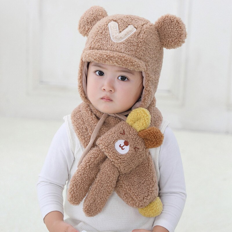 Traje de cuello y gorro de bombardero para bebé, otoño e invierno, dibujos animados para niños, niño y niña, juegos de gorro y bufanda gruesos y cálidos