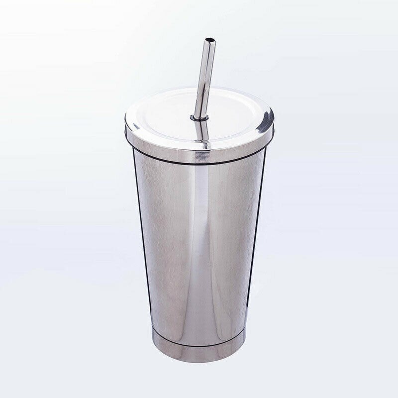 500ml rustfrit stål krus rejsetumbler kaffekop med sugerør bærbar: Sølv