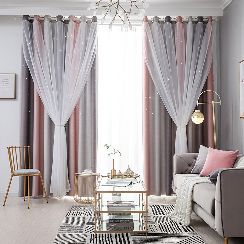 Double Layer Blackout Curtains Star Cutout For Liv... – Vicedeal