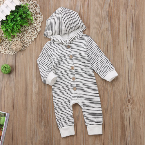 Long sleeve Buttons Decor Stripe Hooded Romper Jumpsuit For Baby Boy