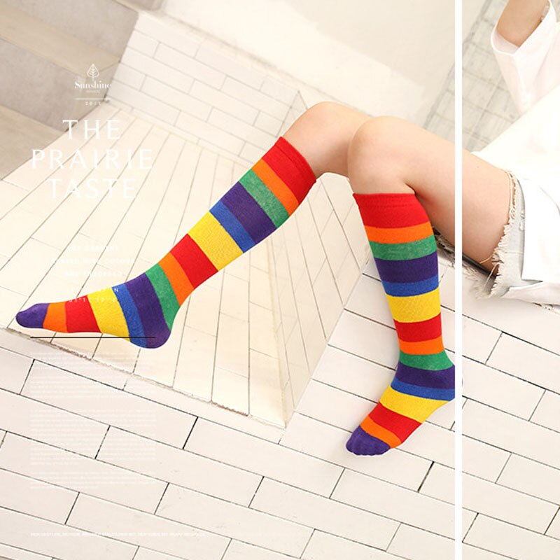 Spring Autumn Girl Boy Cotton Knee High Socks for Children 2-12Y Colorful Striped Rainbow Tube Long Socks Kids