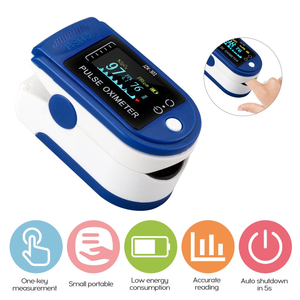 Fastende fingerklips oksymetri pulsmåler mini spo 2 Observere fingertupp puls blodtrykk oksymeter uten batteri: Blå
