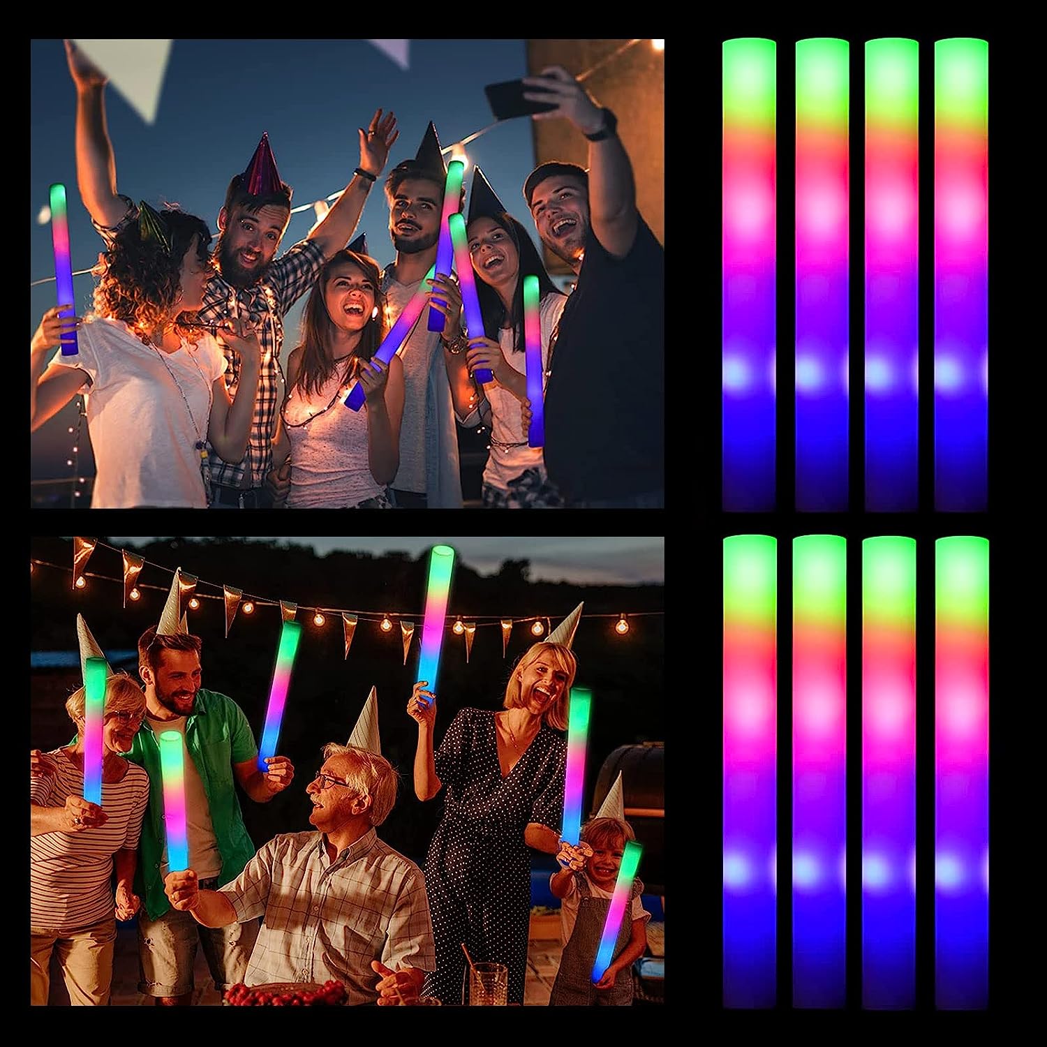 Bâtons lumineux LED en vrac, 12/15/30 pièces, bâton lumineux en mousse RGB coloré, Tube de joie, lumière foncée pour noël, anniversaire, fête de mariage