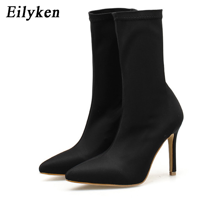 Eilyken kvinnor stövlar stretch tyg mid-calf boots spetsig tå kvinnor booties kvinnor skor vår höst